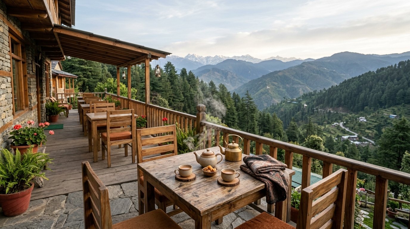 Handcrafted Wooden Mountain Dining Deck